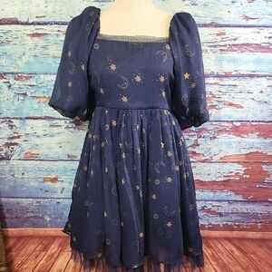 In loom Midnight Blue Dress with Celestial Gold Accents Womens L